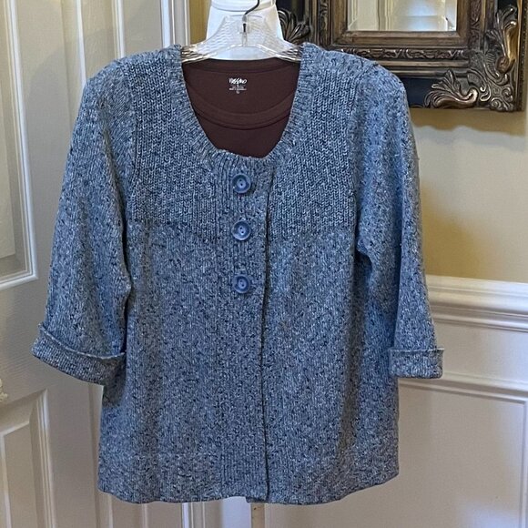 Christopher & Banks Size M Blue Gray Knit Sweater 3/4 Sleeves 3 Top Buttons - Picture 2 of 9